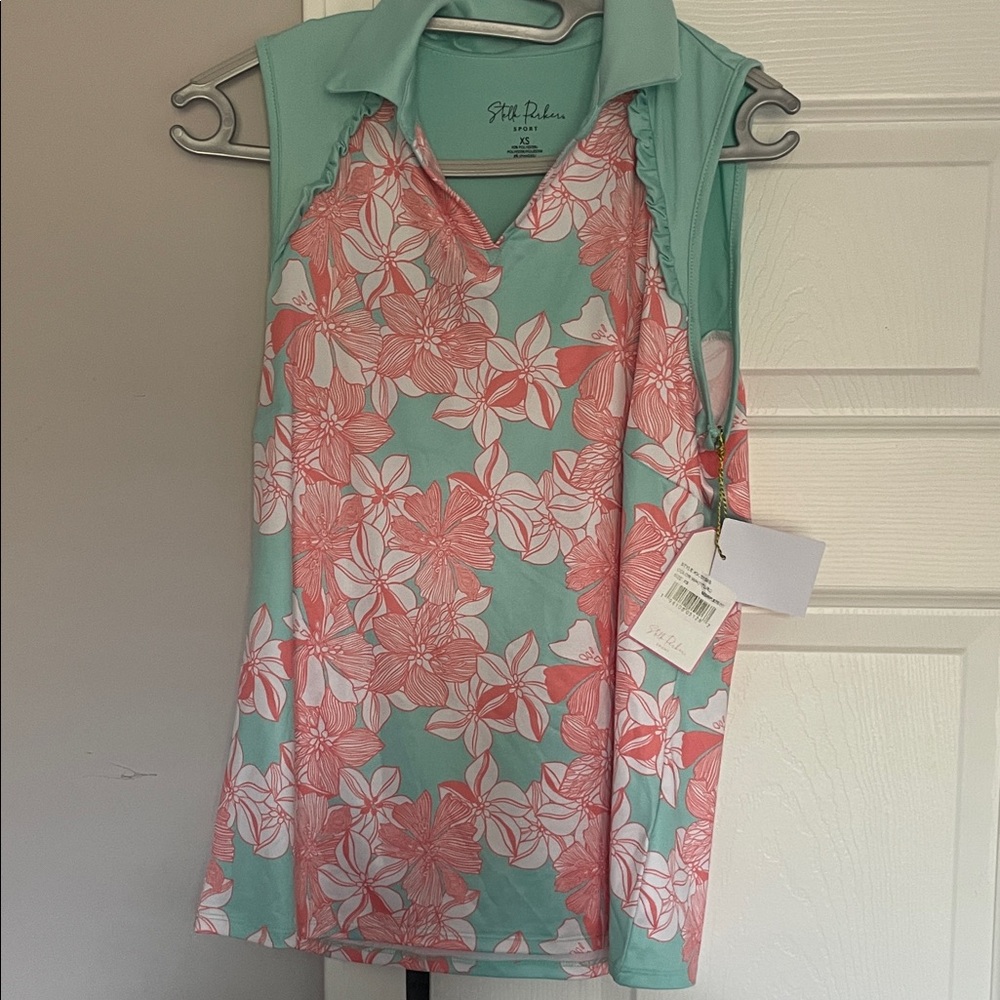 STELLA PARKER  Coral Floral Sleeveless Polo Tank - Mint Coral